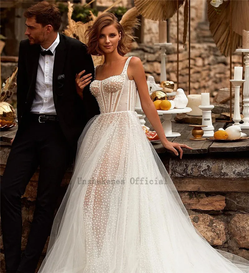 Vestido de Noivas Romantische Dots Tüll Hochzeit Kleider 2021 Straps Sexy Braut Kleid Liebsten Mieder Land Hochzeit Kleider