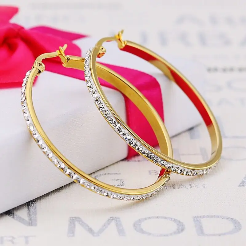 Wholesale Jewelry -- Titanium steel Full Pasted Crystals Hoop Earrings For Women Fashion Jewelry Gold Color