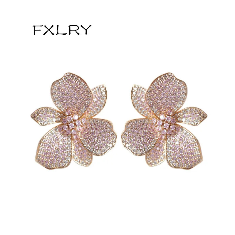 

FXLRY New Design Fashion Golden Color Cubic Zirconia Big Flower Stud eEarring For Women Wedding Bride Jewelry