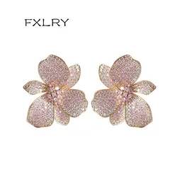 FXLRY New Design Fashion Golden Color Cubic Zirconia Big Flower Stud eEarring For Women Wedding Bride Jewelry