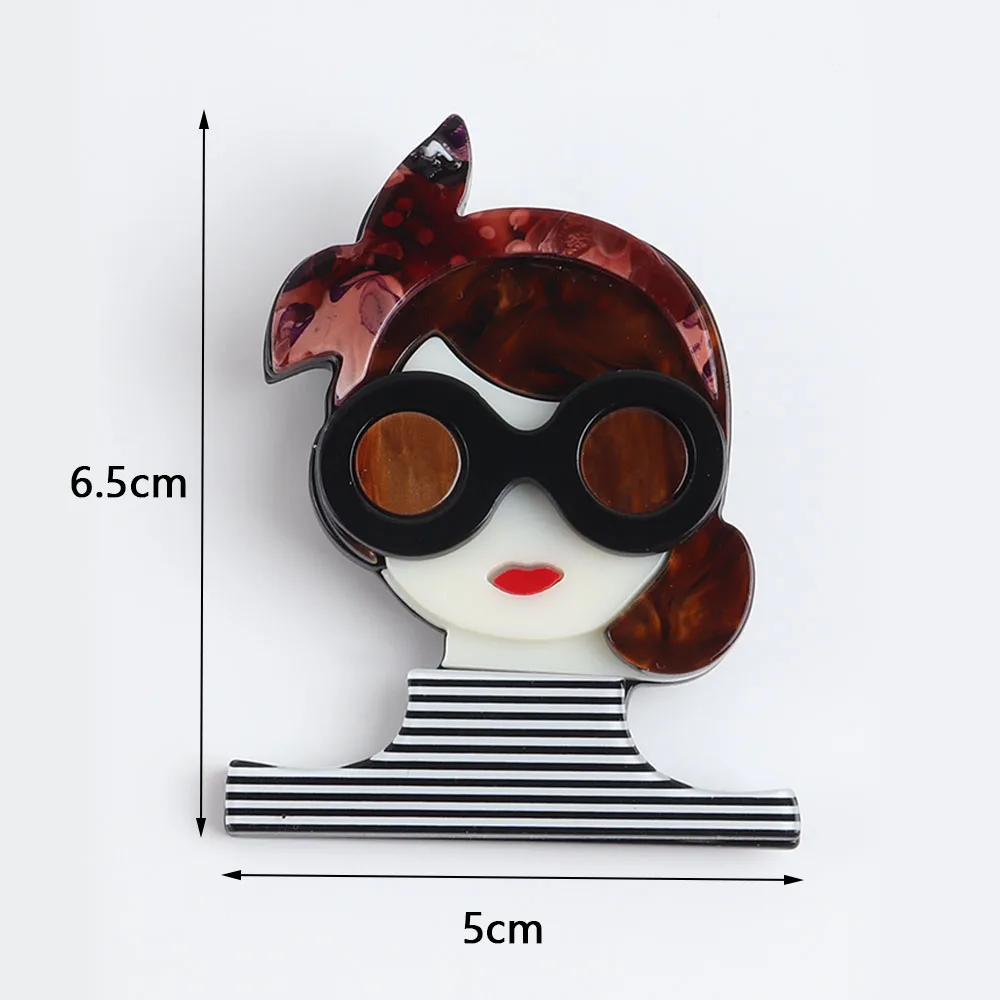 New Design Lovely Lday With Glasses Brooch For Women Big Acrylic Cartoon Big Resin Figure Brooches Pins Lapel Fashion Jewelry