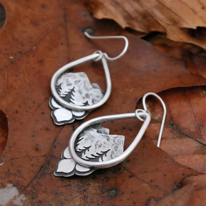 Pendientes de gota de agua Vintage para mujer, aretes colgantes de pino de montaña de Color plateado, joyería de estilo étnico, bosque alpino