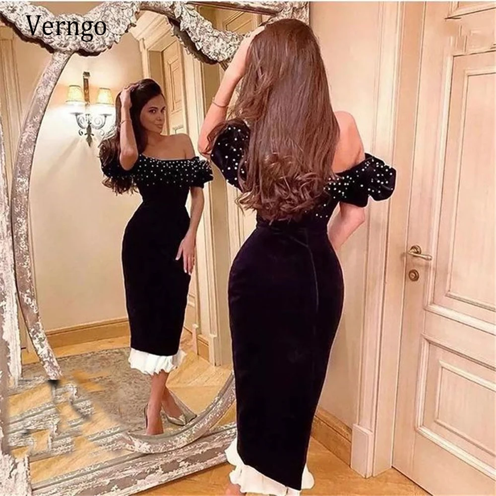 Verngo Elegant Off the Shoulder Mermaid Black Velour Evening Dresses Short Sleeves Beads Prom Gown Tea Length Formal Party Dress