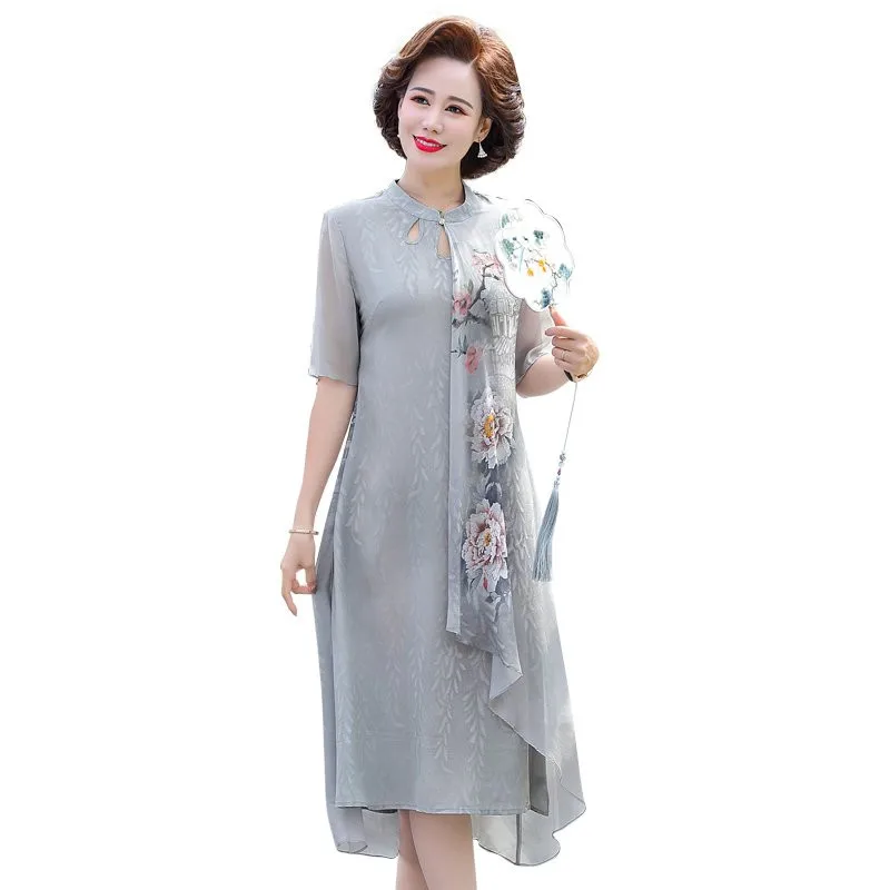 New Summer Silk Middle Aaged Women Chiffon Short Sleeve Midi Dress Female Elegant Mother  Dresses Vestitos