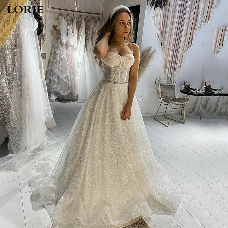 LORIE A Line-Vestidos de novia bohemios de tul con purpurina, sexys, con tirantes finos, Vestidos de novia hechos A medida