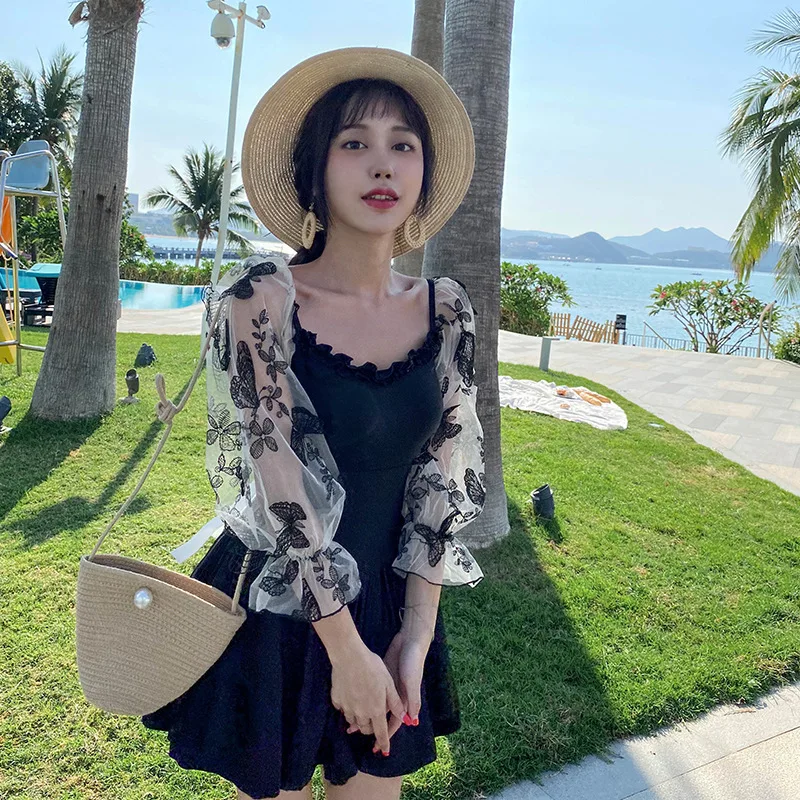 

2021 New Arrival Korean Summer Onew Piece Swimwear Women Sexy Bahting Suit Long Sleeve Swimsuit Beachwear Swimskirt