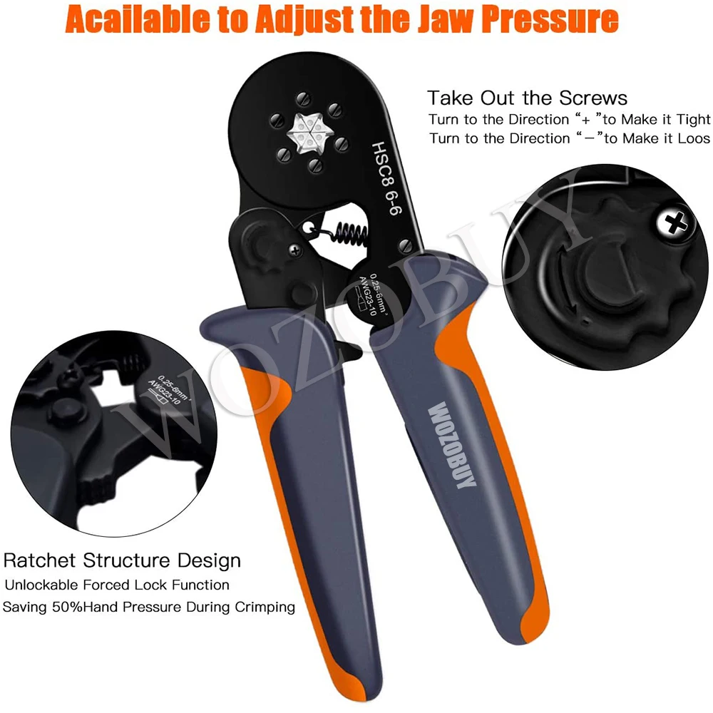 HSC8 6-6/6-4 Ferrule Crimping Tool Kit, WOZOBUY Sawtooth Self-Adjustable Ratchet Crimper Kit or Wire Terminals or Single Clamp