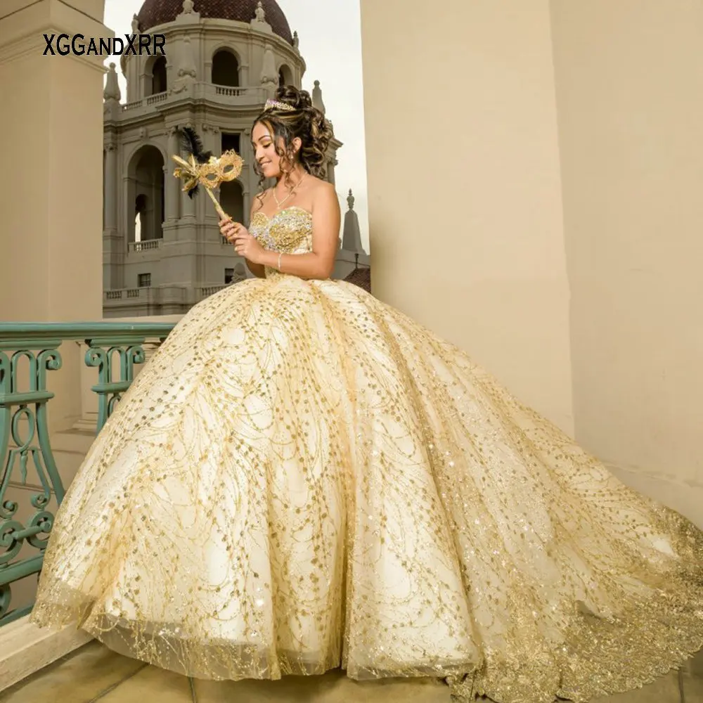 Gaun pesta emas yang disesuaikan gaun dansa Quinceanera gaun 2025 payet berkilau Vestido De 15 AFO OS quincealeras manis 16 Quince gaun pesta