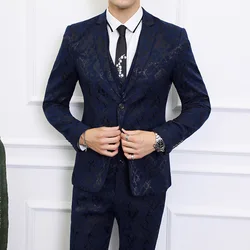 2021 Latest Coat +Vest+Pants / Flowers Design Black Blue Formal Evening Dress Slim Tuxedo Terno Men's Suit Suitable For Wedding