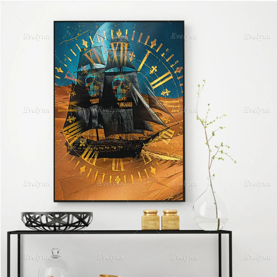 Sands of Time Sailboat Nautical Painting| Pirate Ghost Ship Beach Wall Decor| Surrealism Wall Art Canvas| Home Decor Art Poster