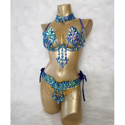 Samba Carnival Wire Bra & Panty & Belt Set Hand Made 4 Piece Belly Dancing C023 Royal Blue