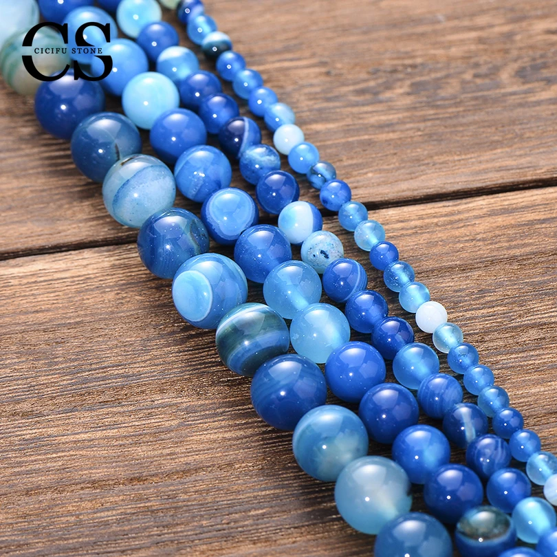 Translucent Blue Agates Beads Smooth Stone Beads Natural Round Loose Beads for Jewelry Making Bulk DIY Bracelet 4/6/8/10/12 MM