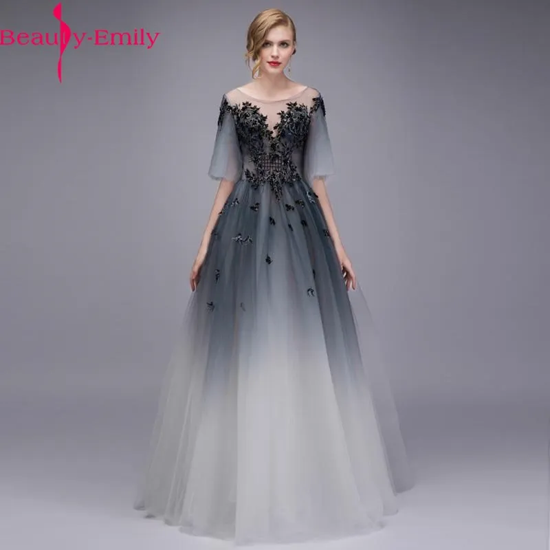 

Evening Dress Long Charming Appliques O Neck Mid Sleeve Robe De Soiree 2020 Pearls Navy Blue OPen Back Special Occasion Dresses