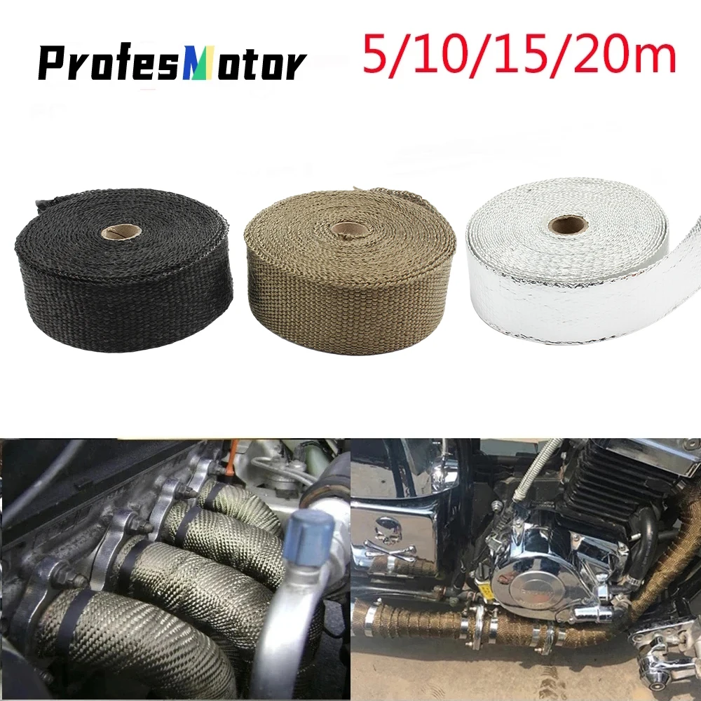 Motorcycle Exhaust Thermal Band Fiberglass Insulation Insulator Cars Tape Bandage 5cm 20M Glass Wool Stainless Ties Motocross