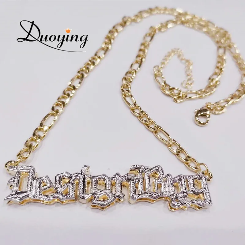 DUOYING Old English Font Custom Double Gold plated Nameplate 3D Necklace Personalized Choker Women Necklace Jewelry