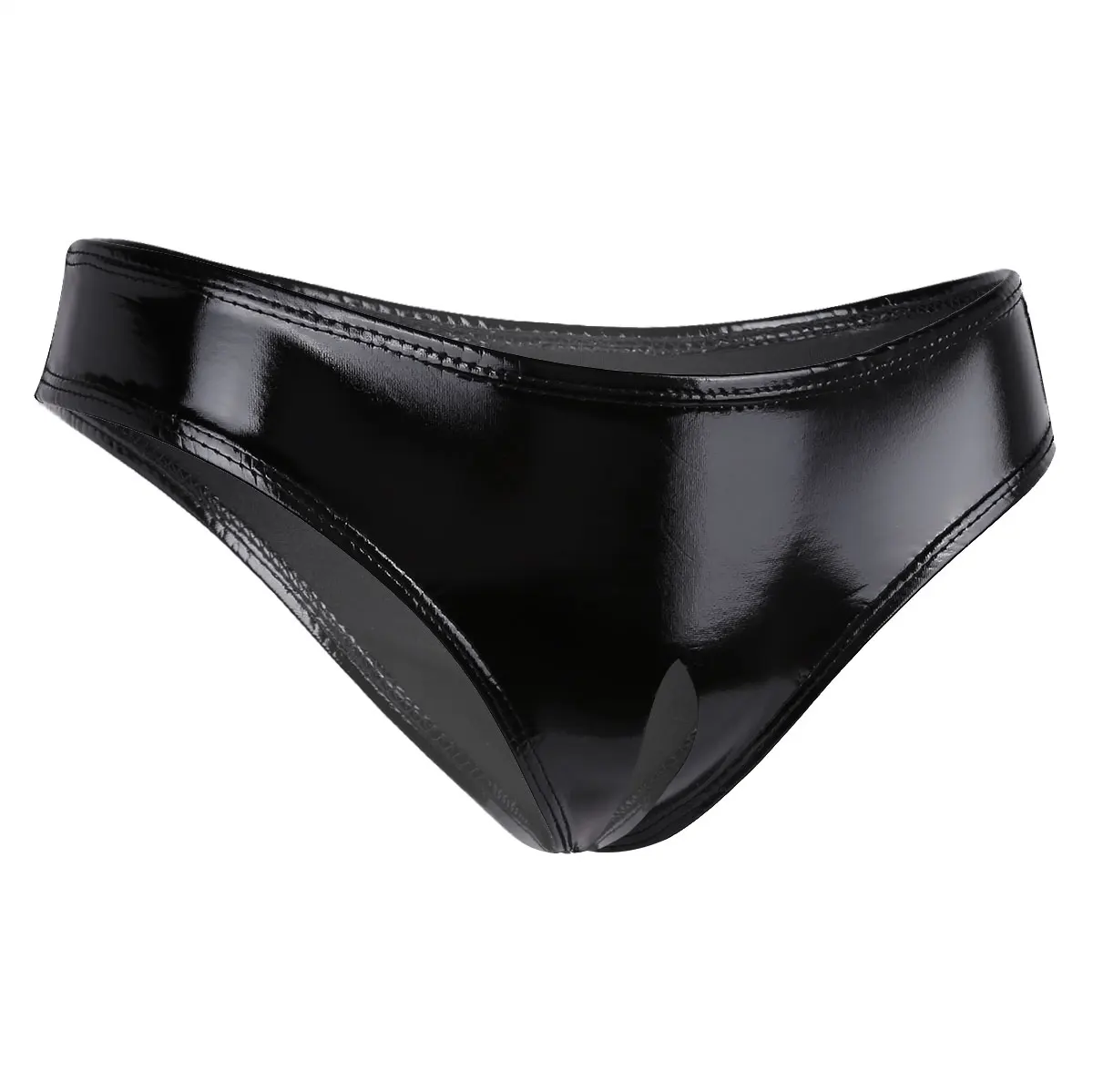 iEFiEL Fashion Black Women Female Lingerie Wet Look Patent Leather Open Crotch High Cut Mini Briefs Underwear Culbwear Briefs