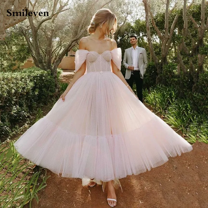 Smileven Light Pink Dotted Tulle Sweetheart Short Prom Dresses A Line Tea Length Evening Gowns Off The Shoulder Party Dress