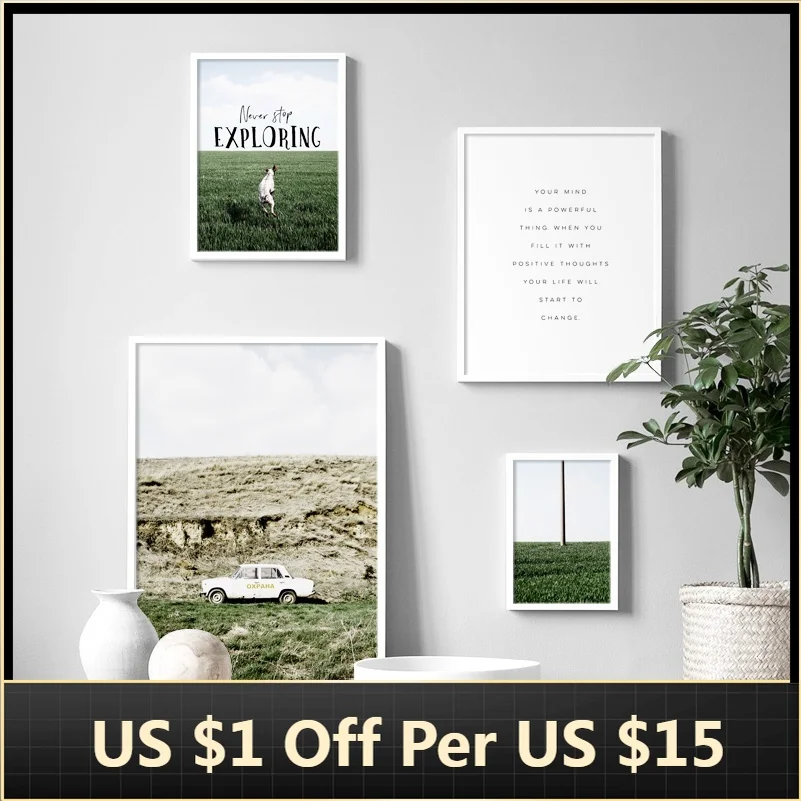 Canvas Painting Grass Field Car Dog Motivational Quotes Wall Art Nordic Posters and Prints Wall Pictures for Living Room Decor