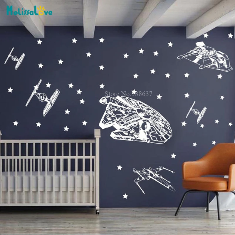 Large Space Ship Wall Decal Sticker Millemium falcon wing fighter Tie fighters Baby Room Decal Playroom Wallpaper BA920