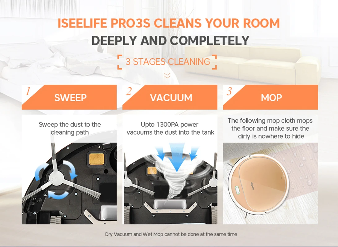 ISEELIFE 1300PA Smart Robot Vacuum Cleaner 2in1 for Home Dry Wet Water Tank Auto Charge PRO3S for Pet Hair Cleaning