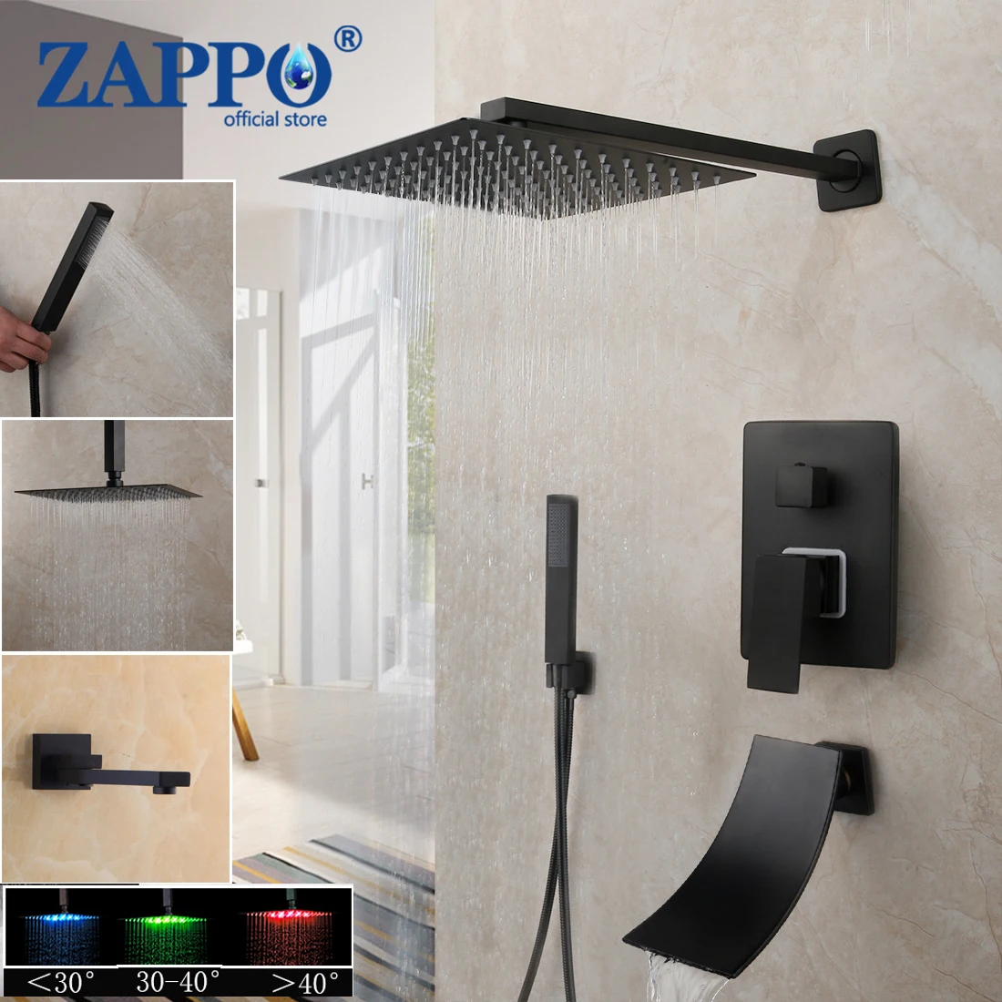 Zappo-conjunto de Torneira tipo Cascata Ducha Banheiro Preto Fosco Conjunto de Banheira Chuveiro Quadrado Giratório