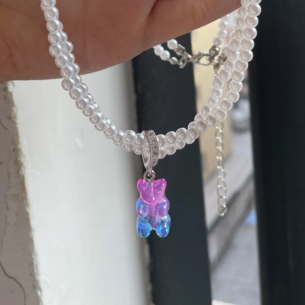 Kpop Multi layer Pearl Beaded Zircon Bear Gummy Choker Necklace For Women Colorful Cartoon Jelly Bear Beads Necklace Y2k Jewelry