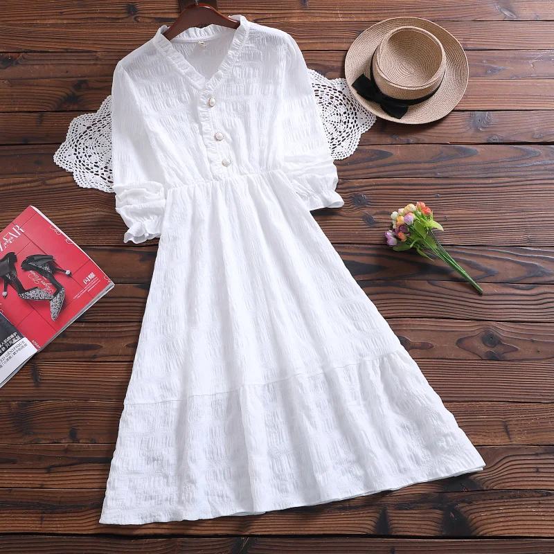 Mori girl chic white dress new fashion long sleeve solid cute sweet dress