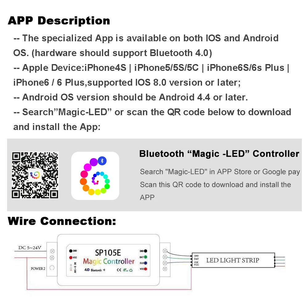 DC5-24V sp105e magia led controlador cor sonho bluetooth inteligente para 3pin 4pin 5050 rgb individualmente endereçável tira painel anel