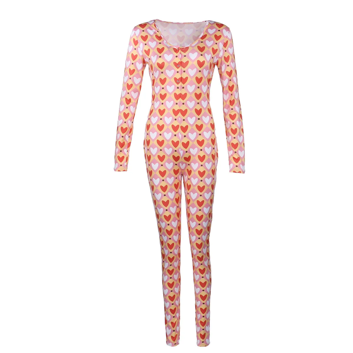 Valentine\'s Day Womens Sexy Print Home Onesies Jumpsuit Sleepwear Long Sleeve Bodycon Bodysuit Romper Trousers Pajamas One Piece