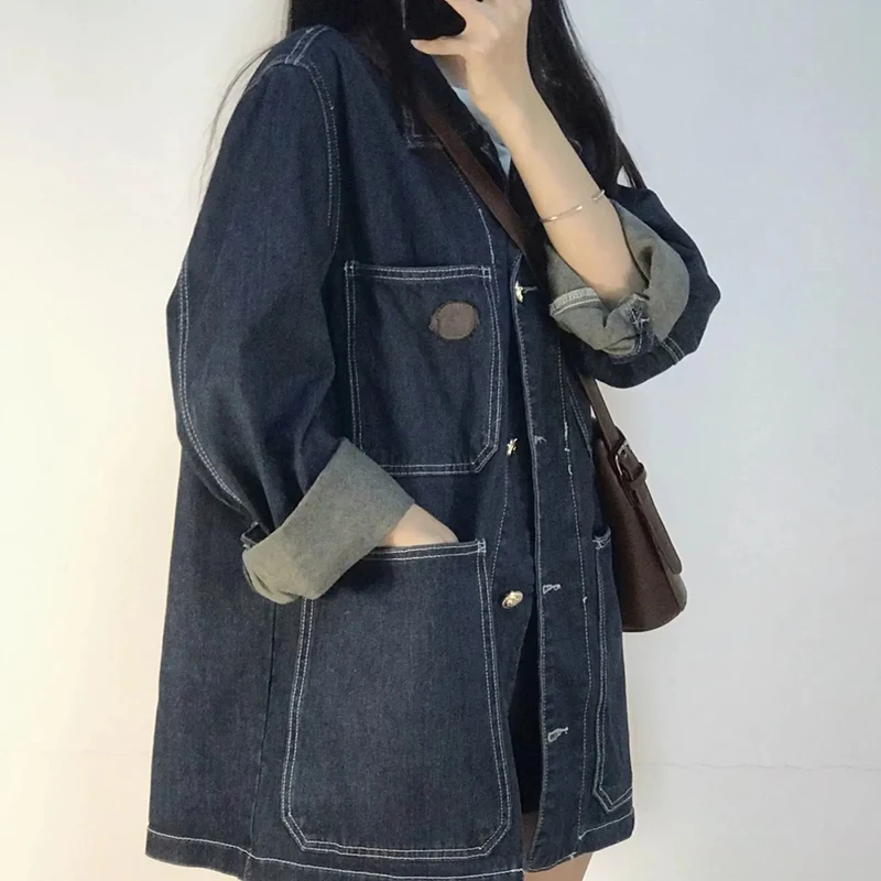 Plus Size 5XL Solid Color Loose Women Jean Jackets Autumn Vintage Versatile Female Denim Coat Big Pockets Midi Cowboy Outerwear