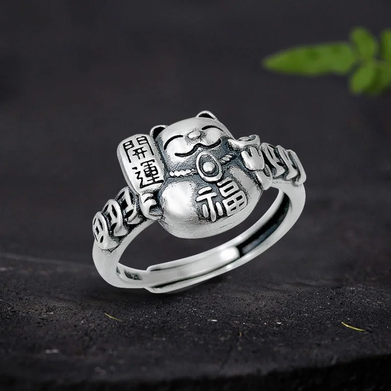 

S925 silver lucky cat ring Chinese style retro cold wind opening adjustable male and female couple ring birthday gift