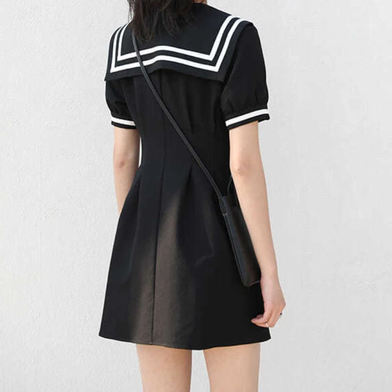 Dress Women Summer Fashion New Leisure Japanese Style Sweet College Vintage A-line Sailor Collar Streetwear Female Vestido Solid