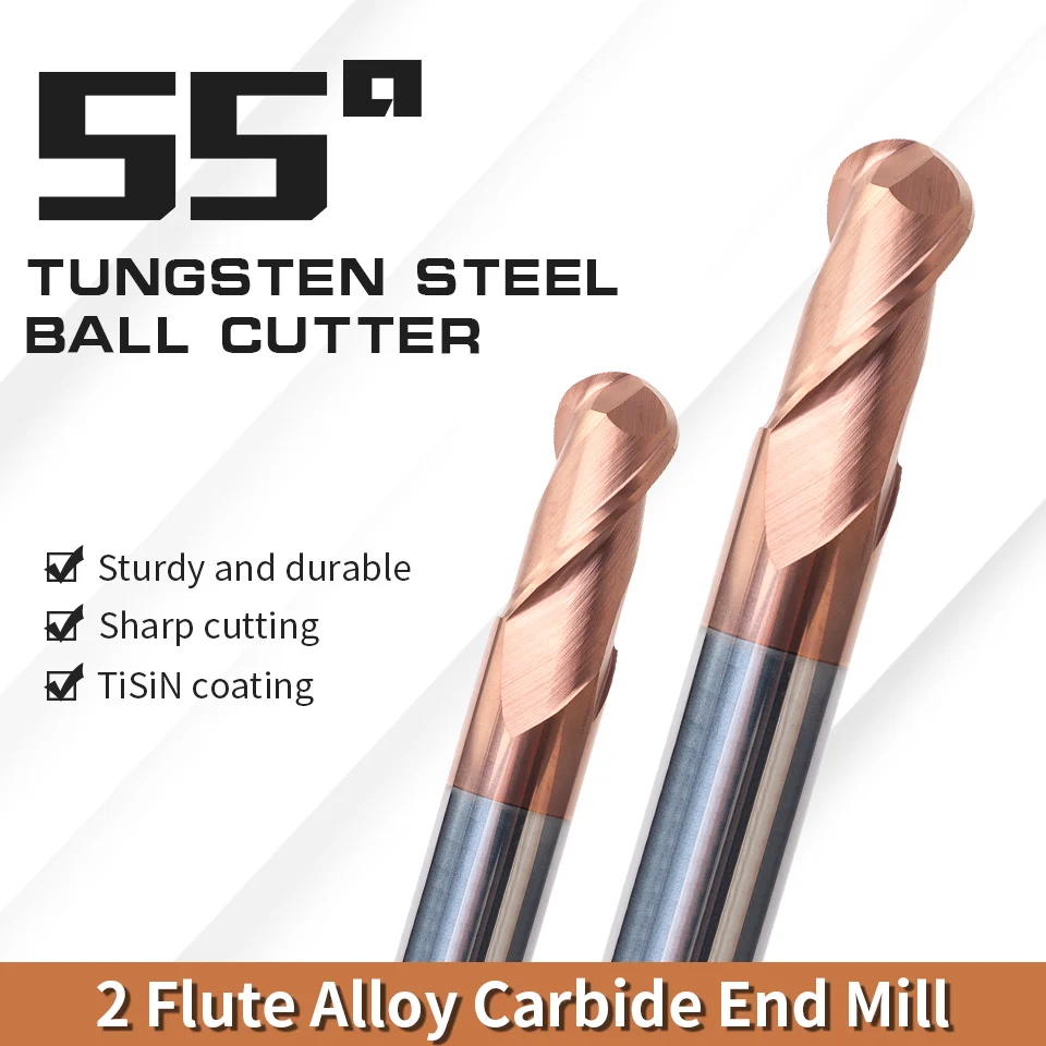 Augusttools HRC55 Ball Nose End Mills 2 Flute Milling Cutter Carbide Strawberries Tungsten Steel Router Bit CNC Cutting Tools