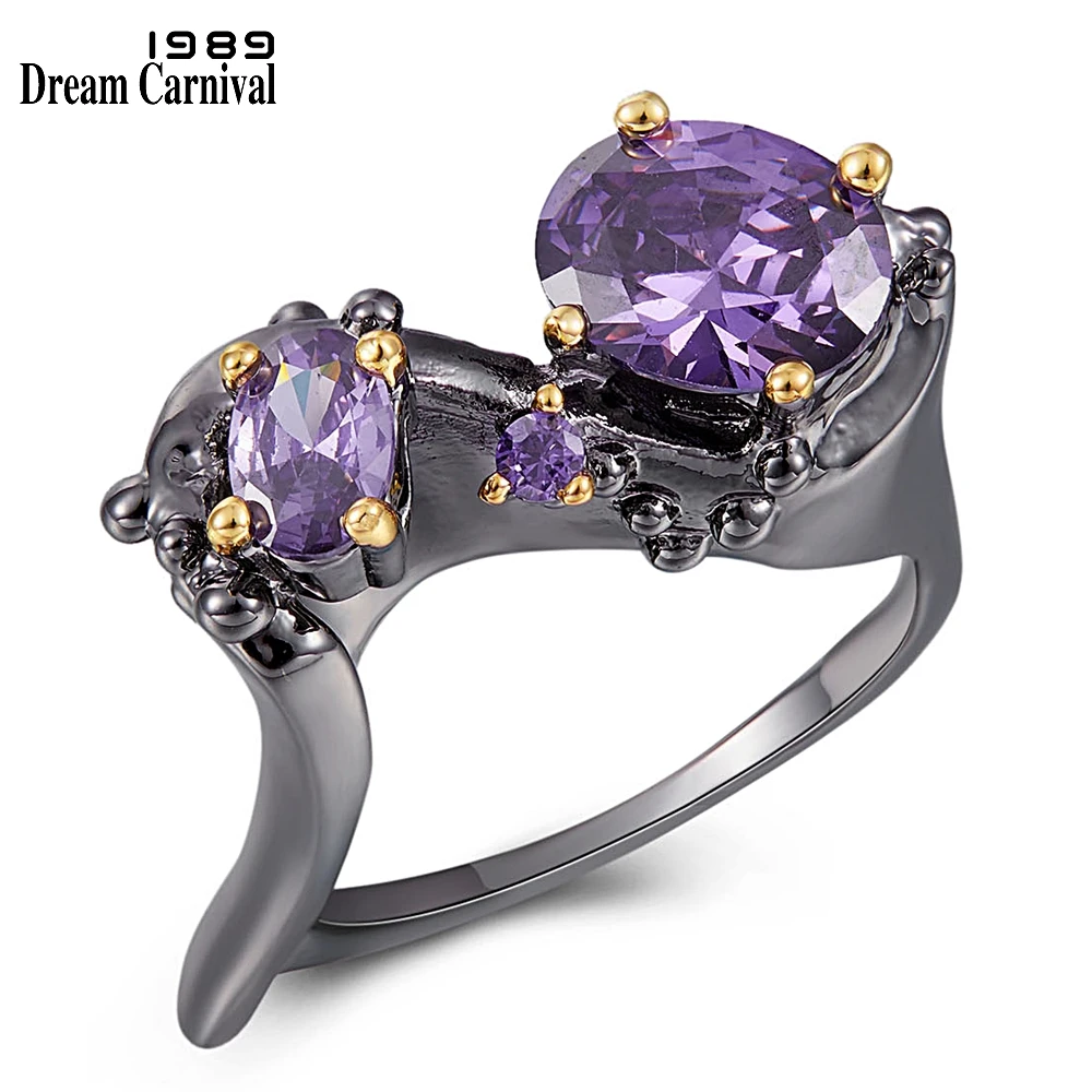 DreamCarnival New Geometric Rings Women Purple Couple Zircon Exaggerated Design Black-Gold Color Fashion Gift Big Sale WA11789