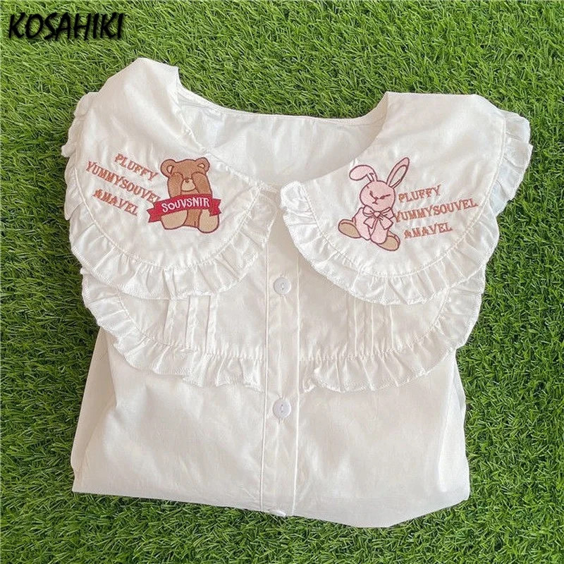 KOSAHIKI 2024 Summer Women Lolita Style Blouse Peter Pan Collar Cartoon Animal Embroidery Cute Blusas Kawaii Girl Shirt