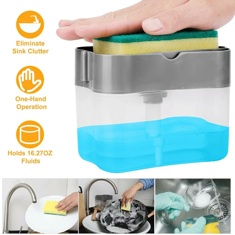 Soap Dispenser Pump With Sponge Manual Press Cleaning Liquid Dispenser Container Manual Press Soap Organizer Dishwashing Kitchen