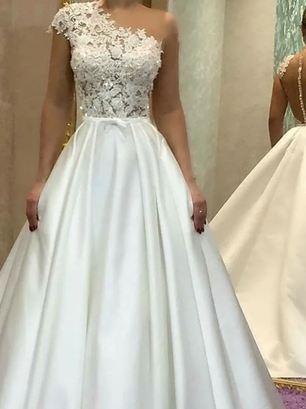 Novo botão de renda apliques um ombro vestidos de casamento 2021 ilusão volta cetim longo elegante vestidos de noiva novia