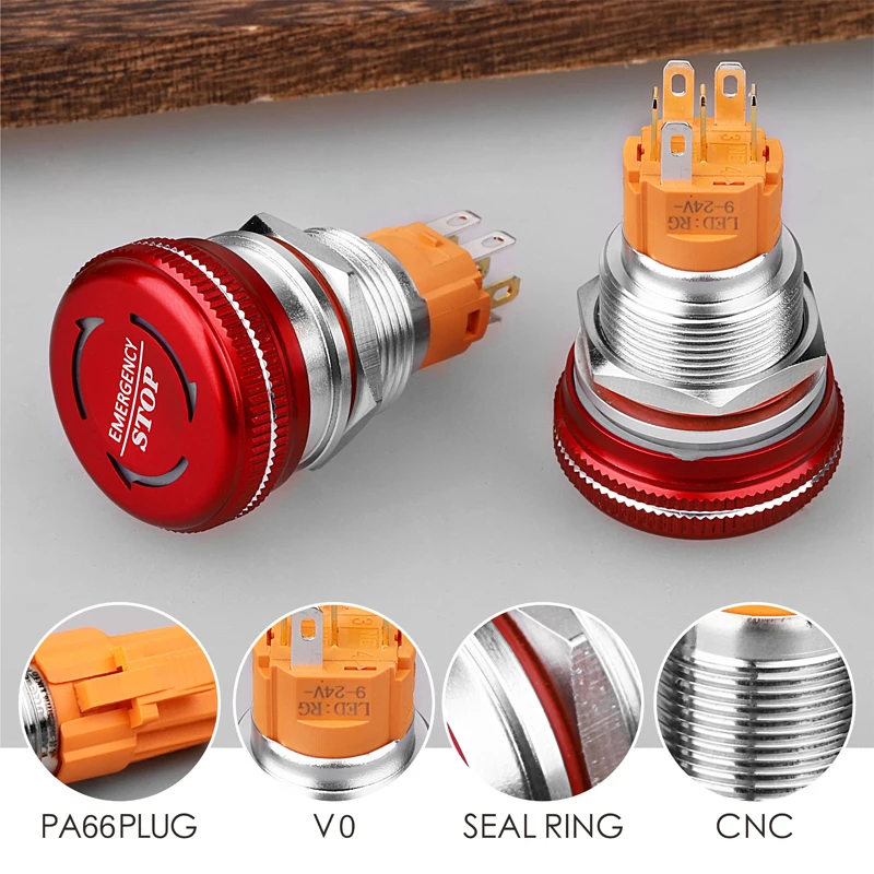 16mm 19mm 22mm waterproof IP65 Mushroom emergency stop push button switch with led light luminescence