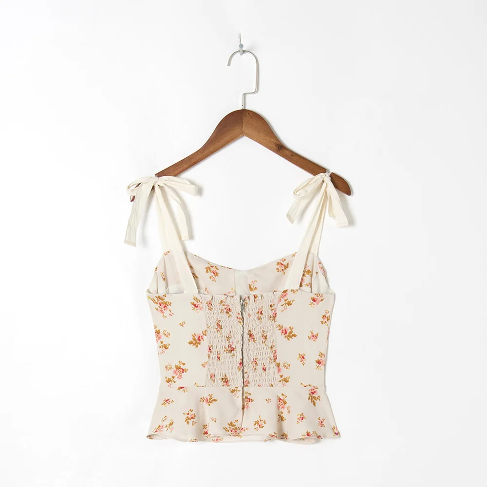 Top corto con estampado Floral Vintage para mujer, Top con escote Corazón, dobladillo con volantes, Top elegante sin mangas con tirantes anudados, Tops sexys para mujer 2021