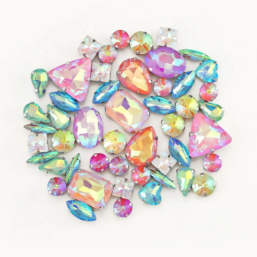 Silberne Krallenfassungen, 50 Stück/Beutel, verschiedene Formen, Jelly Candy Weiß, Glaskristall zum Aufnähen, Strass für Hochzeitskleider, Schuhe, Taschen, DIY – Detail 5