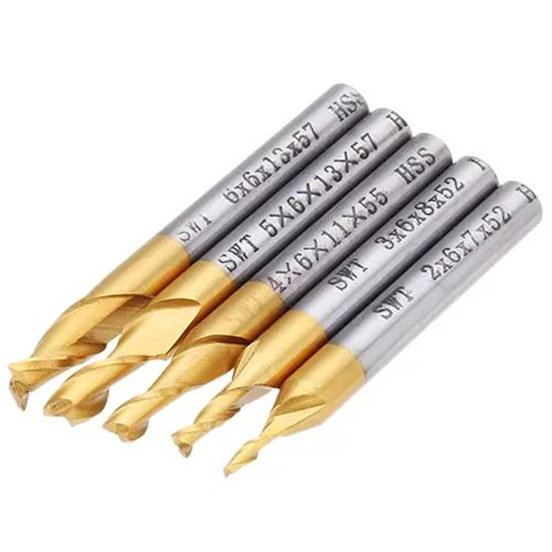 5Pcs 2 Flute End Milling Cutter HSS Titanium Coated 6mm Shank 2/3/4/5/6mm Mill CNC Router Bit For Wood Metal Steel Milling