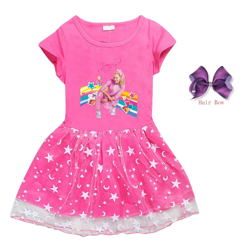 JOJO Siwa Child Girl Dress+Hair Bow Summer Short Sleeve Cotton Girls Clothing Cartoon Party Birthday Dress Kids Christmas Gifts