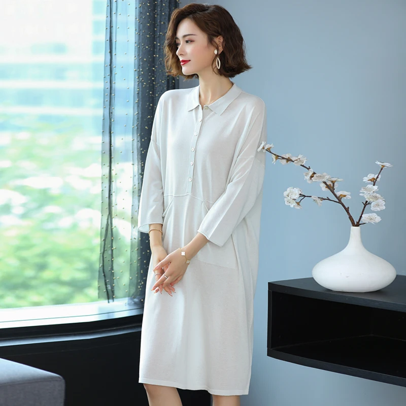 Summer Spring Turn Down Collar Dress Women Knit Long Blouse Elegant Female Loose Sweater Tops