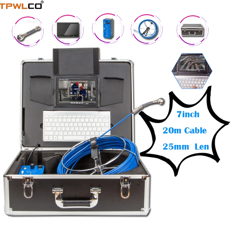 

7inch 1000TVL Monitor Video Pipe Drain Sewer Endoscope System DVR Recording Inspection Industrial Camera 20m Cable 25mm Keyboard