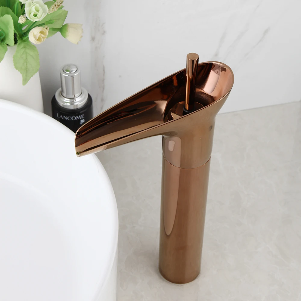 Monite Luxury Rose Golden Bathroom Basin Faucet Single Handle Waterfall Mixer Tap Hot & Cold Wash Basin Sink Mixer Faucet