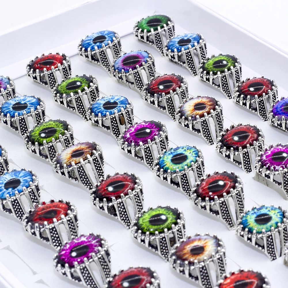 25 Pcs/Lot Wholesale Mix Eye Ring Unique Design Eye Silver Tone Ring Vintage Men Women Punk Jewelry 2022 New
