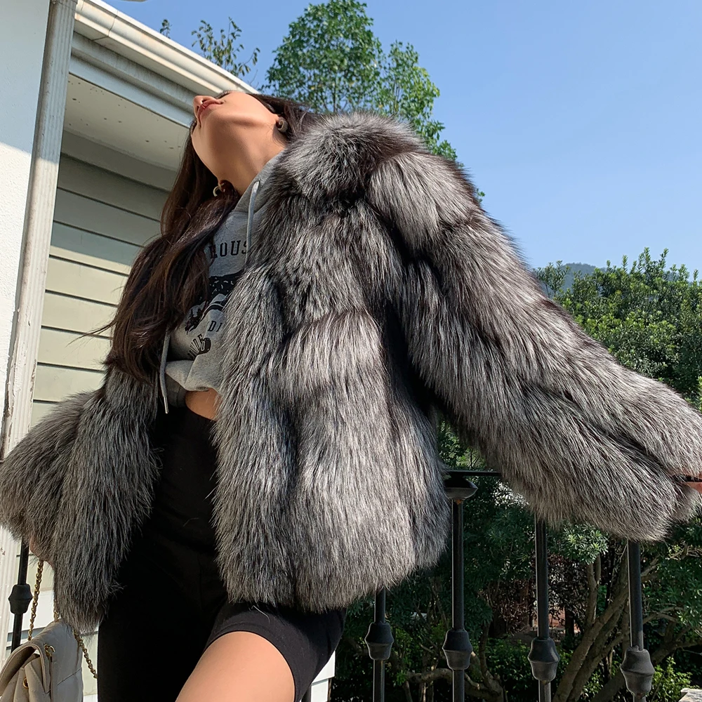 winter new real silver fox fur coats v-neck thick warm natural fur overcoats female genuine whole skin silver fox fur jackets