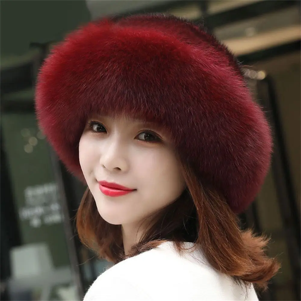 Fashion Women\'s Furry Winter Faux Fur Hat Berets Warm Cap Faux Fox Fur Brim