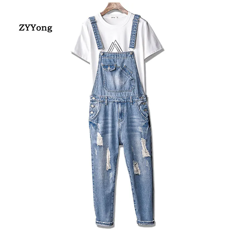 Fahsion Man Ripped Jeans Bib Overalls Ankle Length Multi-Pocket Hip Hop Hole Denim Jumpsuits Trousers Leisure Freight Pants