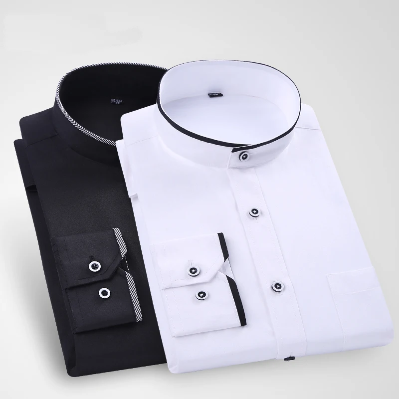 Mandarin Collar Business Formal Shirt Men\'s Solid Color Dress Shirt Office Wear White/Black Color Asian Size